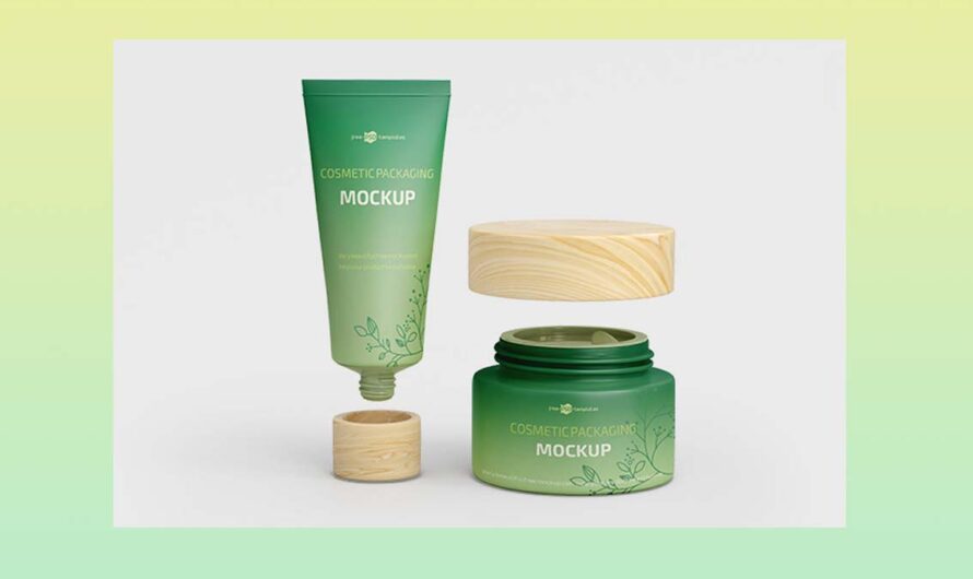 A free cosmetics, hand cream with lid, round tub, jar and squeeze tube packaging packshot PSD mockup template for download