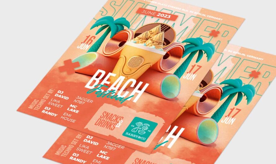 A free high resolution summer beach festival, beer and music poster & flyer, mock-up template for download