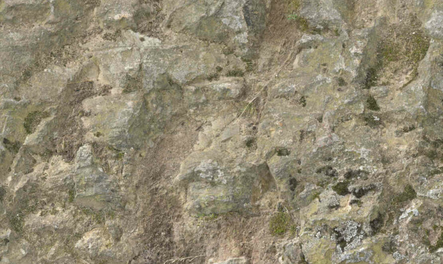 A Free CC0 public domain PBR material texture – course, rough, edged moss covered cliff face or rock 3D model, photoshop and blender texture