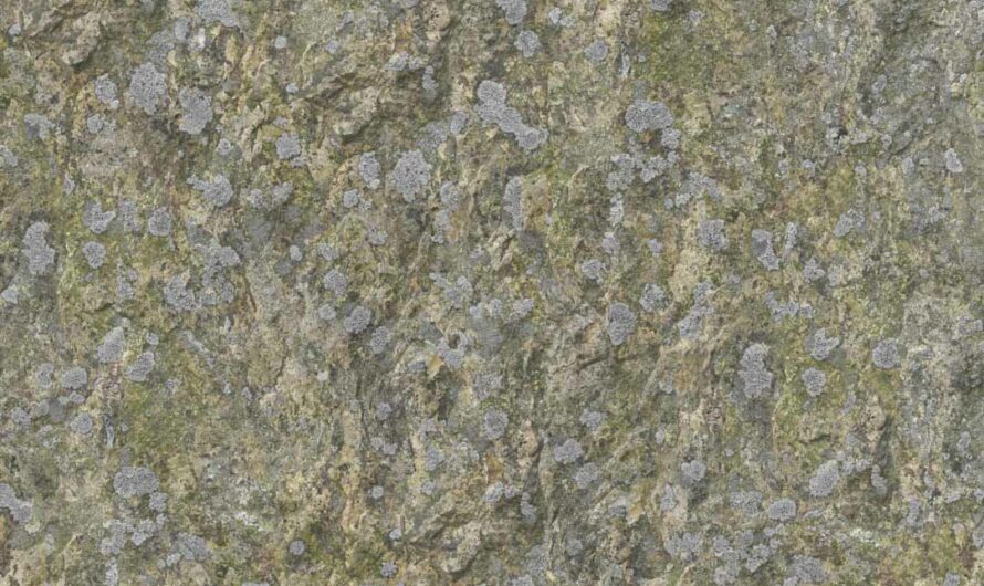 A Free CC0 public domain PBR material texture – course, rough, edged moss covered cliff face or rock 3D model, photoshop and blender texture