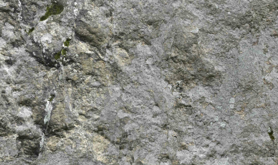 A free CC0 public domain PBR material texture – grey, light grey, rough cliff or rock with moss 3D model, photoshop and blender texture