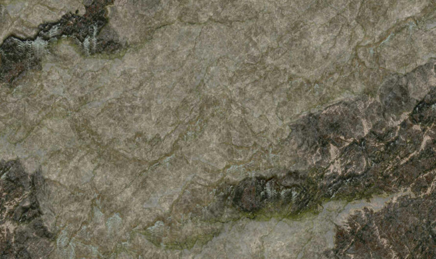 A free CC0 public domain PBR material texture – grey rock, grey cliff, rock, stone, sharp edges, rough, cliff face with moss for 3D model, photoshop and blender texture