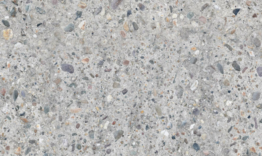 A free CC0 PBR public domain cement, concrete, light grey, concrete with pebbles, grey pebbles, brown pebbles, red pebbles, yellow stones, red stone in concrete, light grey concrete 3D model, photoshop and blender texture